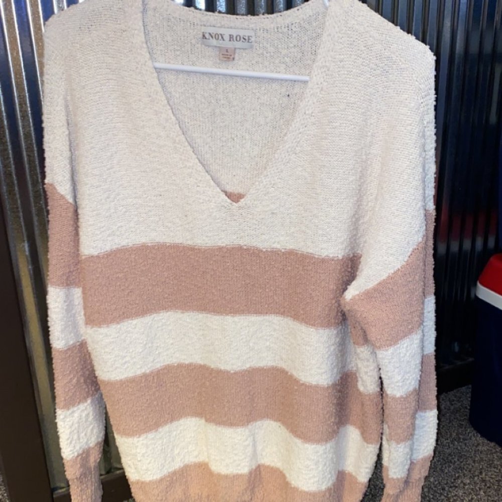 Pink & White V-neck Sweater
